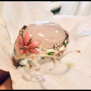 Enameled Rose Quartz Designer signed Ring